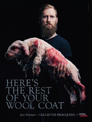 Australian musician Jona Weinhofen in PETA's controversial anti-wool campaign. Photo: PETA